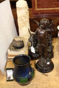 Spelter cherub figure, pair of andirons, lamp base, Japanese box, fishing reel and books,