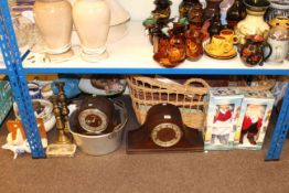 Large wicker basket, barometer, two mantel clocks, Avery scales, jam pan,
