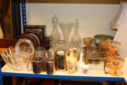 Three mantel clocks, two glass decanters, vase, bowls, brass trivet,