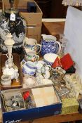 Large table lamp, various jugs, two silver topped tidies,