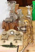 Pair of wood elephant bookends, alabaster desk stand, glass vase, claret jug and jar,