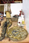 Collection of horse brasses and brassware, beadwork bag, china plates, vases,