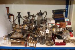 Assorted boxed and loose cutlery, silver plated ware, dressing table wares, cruet,