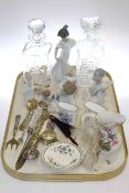 Two glass decanters, three Nao and Lladro figures, feather fan,