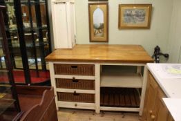 Fired Earth oak and cream three drawer kitchen island and similar wall cupboard