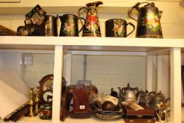 Collection of Barge Ware, oak mantel clock, pictures, pewter teapots, wooden dolls crib,