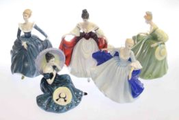 Five Royal Doulton figurines including Sara and Dulcie