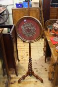 Victorian mahogany tripod pole screen having circular needlework panel