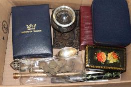 Box of collectables including silver coin bracelet, rings,