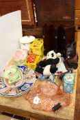 Two Imari pattern plates, two Pelham puppets and soft toys, trinket set, Maling china,