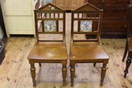 Pair Victorian tiled panel back hall chairs