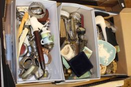 Box of collectables including metalwares, cigarette cards, ivory, compacts, paperweights,