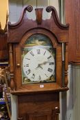 Antique oak and mahogany 30 hour longcase clock having arched dial painted with buildings