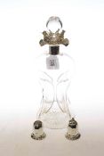 Silver mounted hour glass decanter and pair silver salt and pepper pots