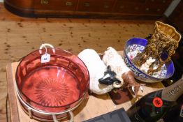 Model of Durham Ox, sheep, ruby glass bowl,