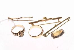 19th Century 15 carat gold and enamel memorial ring, three bar brooches,