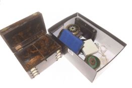 Papier-mache tea caddy, cased compact, silver cigarette box,