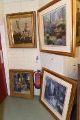 Two oil paintings in gilt frames and a pair of gilt framed prints (4)