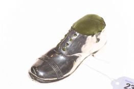 Edwardian silver pin cushion modelled as a shoe, Blanckensee,