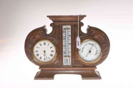 Late Victorian carved oak clock, barometer and thermometer set, retailed by Goldsmith's Co,