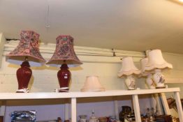 Three exotic bird table lamps and shades and pair of burgundy lamps and shades (5)