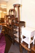 Two nest of tables, two plant stands, hall table, bedside table, occasional chair, coffee table,