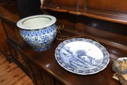 Delft blue and white charger and Chinese jardiniere (2)