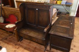 Oak two drawer wing back hall bench