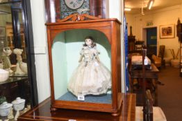 Antique wax head doll in period oak display case
