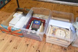 Collection of stamps, first day covers and bank notes including Penny Black, proof coins,
