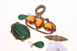 Large Victorian brooch set with three large citrines?, suite of malachite jewellery,