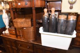 Three pairs of riding boots, Victorian inlaid box, framed butterfly collection, copper coal bucket,