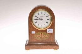 Edwardian oak mantel clock with Prince of Wales feathers inlay, retailed by W.