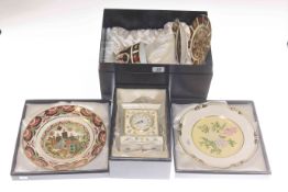 Royal Crown Derby Imari trio, Royal Antoinette clock and two plates,