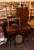 Mahogany two drawer sofa table, inlaid bedroom chair, pot cupboard,