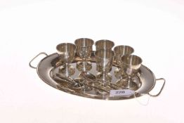 Set of six silver egg cups, Birmingham 1920; silver oval two-handled tray,