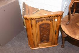Pair Victorian carved ash corner wall cupboards,