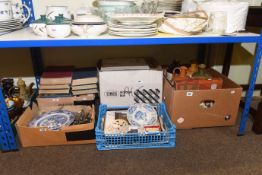 Five boxes of collectors plates, stone bottles, matchboxes, books, cutlery,