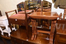Yew nest of spider leg tables and Edwardian piano stool