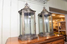 Pair metal and glass serpent sided lanterns