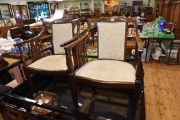 Pair Edwardian mahogany and string inlaid occasional armchairs