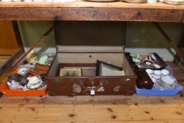 Vintage suitcase and old pictures, and four boxes with china,