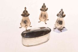 Three silver pepper pots and a silver topped box (4)
