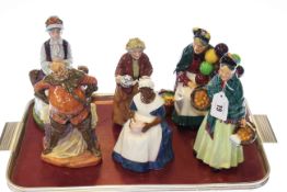 Six Royal Doulton figures including The Orange Lady and The Old Balloon Seller