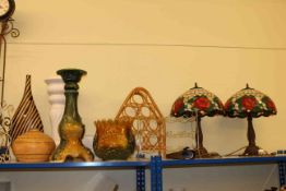 Pair of Tiffany style table lamps, wine racks, Majolica style jardiniere, vice, clock,
