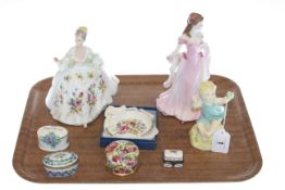 Two Royal Worcester figures, Royal Doulton figure, Limoges trinket box,