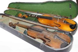 Two violins and bows with cases,