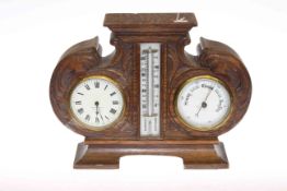 Late Victorian carved oak clock, barometer and thermometer set, retailed by Goldsmith's Co.