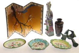 Three Chinese enamel dishes, 19th Century Chinese figure, Cloisonne vase,