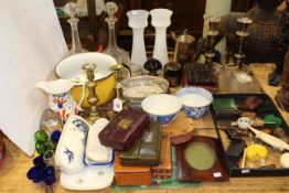 Period jewellery boxes, corkscrews, pair of 19th Century cut decanters, bentwood chair,